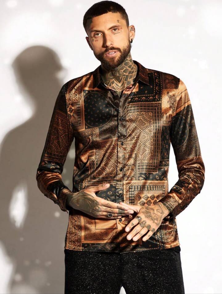 Men's  Patchwork Printed Casual Button up Collar Prom Vintage Long Sleeve Shirt